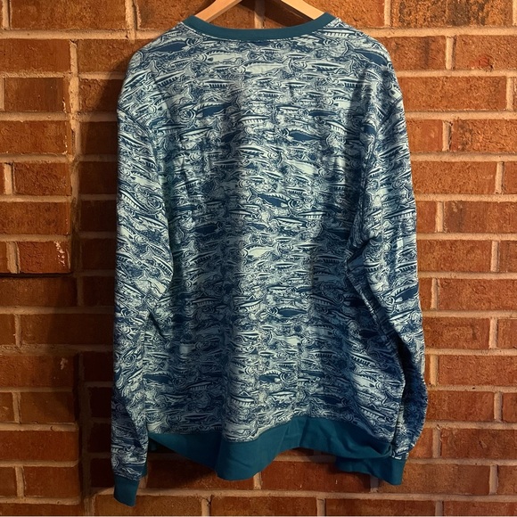 Eddie Bauer Men XL Turquoise All Over Fish Print Fleece Lined Crew Sweatshirt - Picture 11 of 12